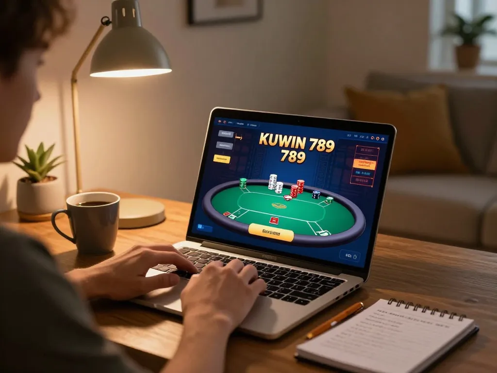 Engaging in online poker on KUWIN 789 with laptop, focused on winning strategies.
