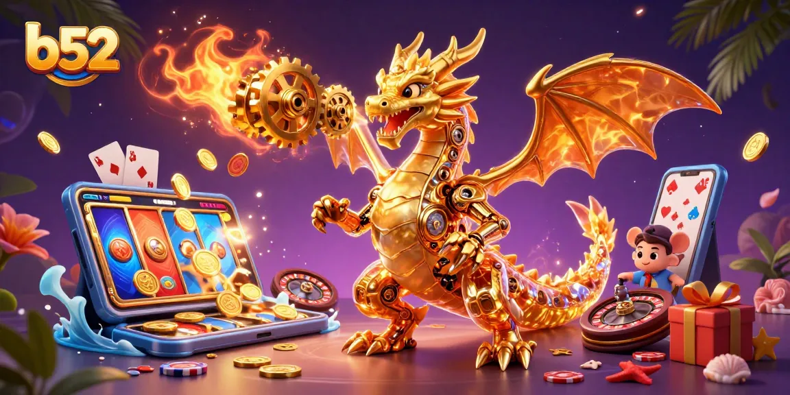 B52 dragon unleashes golden gears in a vibrant casino world, symbolizing dynamic gaming excitement.