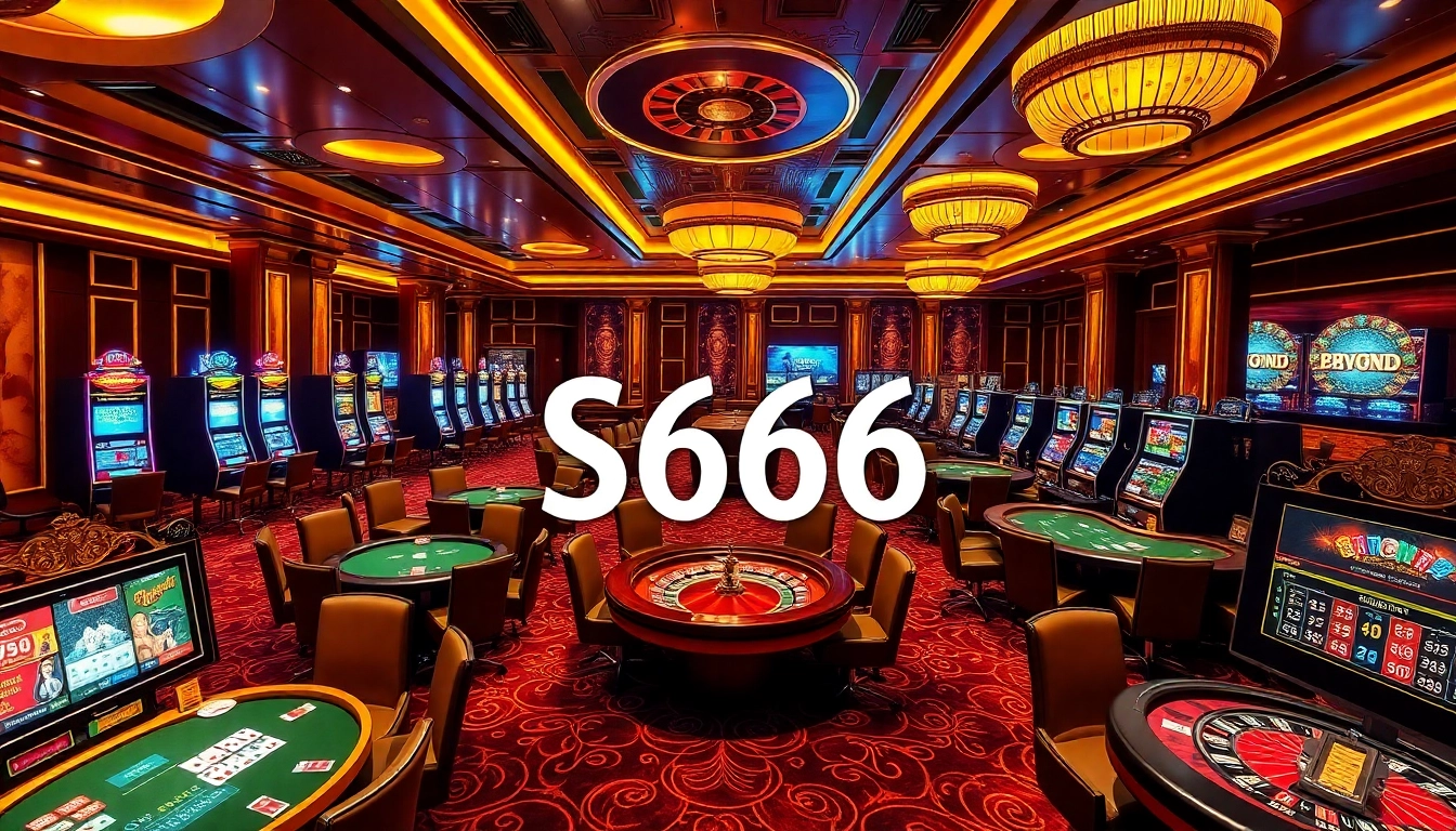 S666 Casino players engaging at high-stakes tables with vibrant slot machines and roulette wheels.