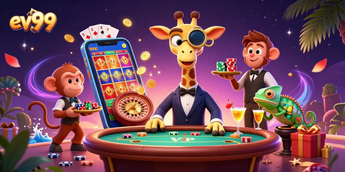 Visit ev99 for a thrilling experience in a vibrant casino atmosphere with the high-roller giraffe.
