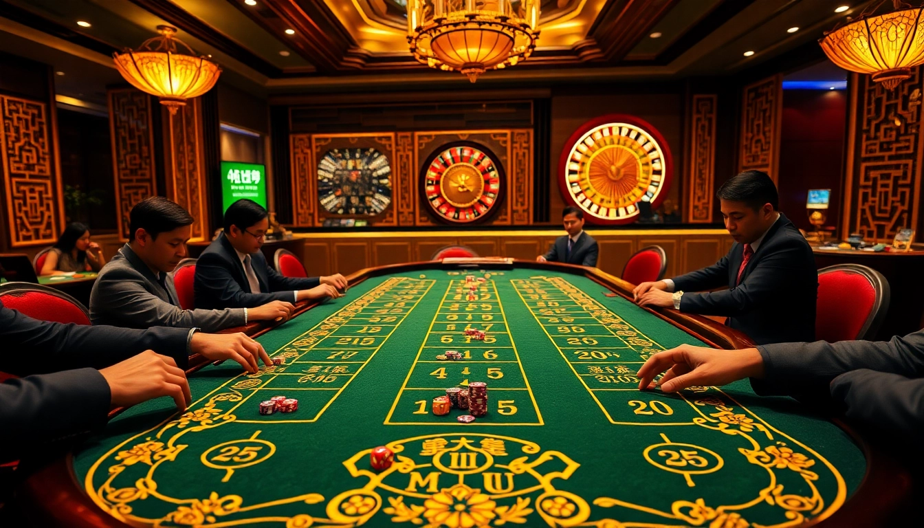 Tài Xỉu MD5 table bustling with players placing bets in a vibrant casino setting.