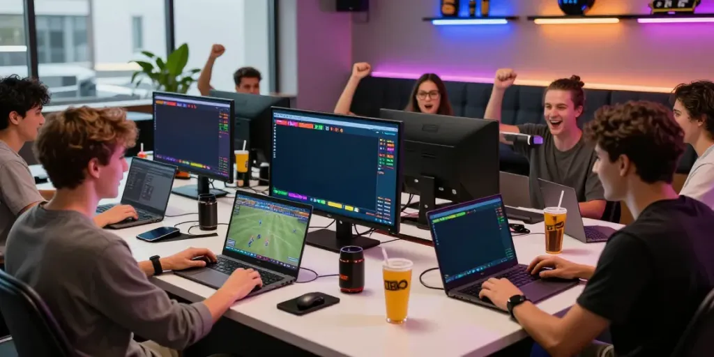 Friends enjoying online betting at 11bet.com in a lively gaming lounge.