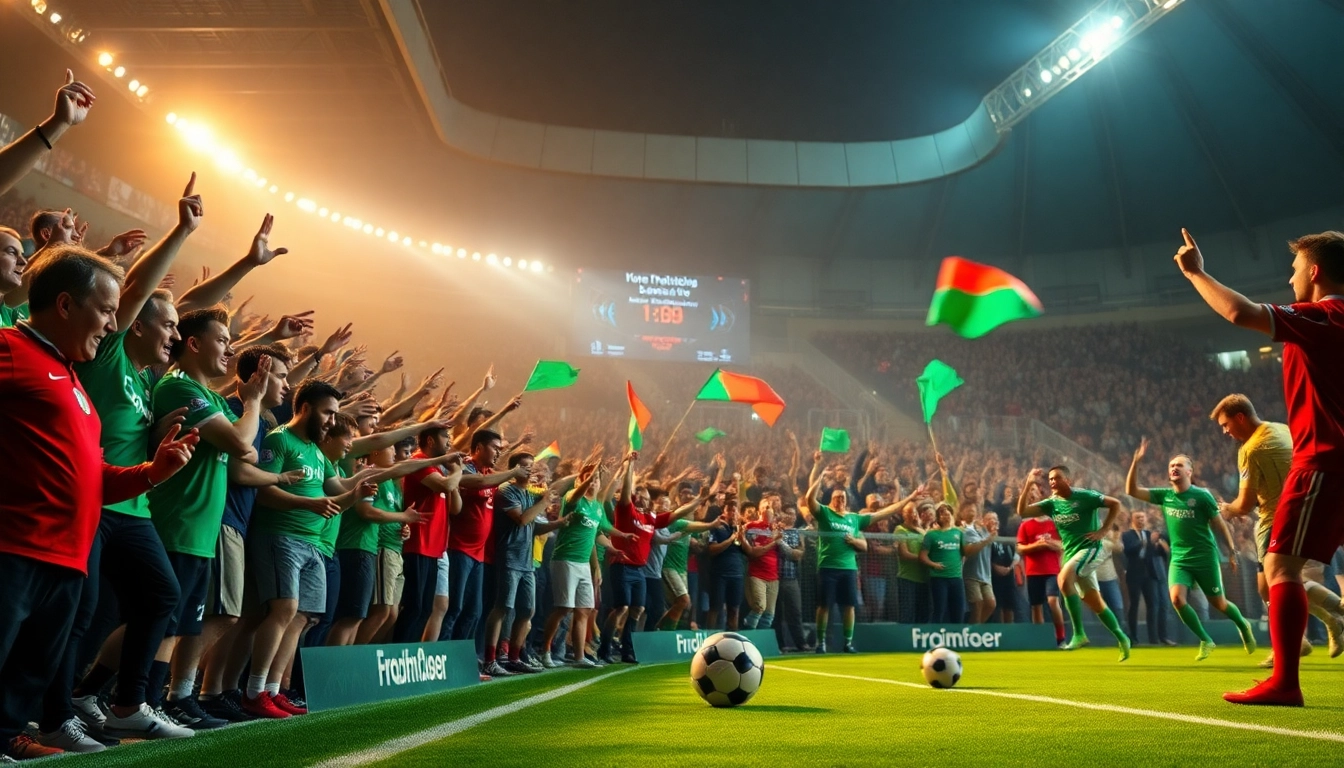 Exciting live football match atmosphere with fans supporting teams on Xoilac.