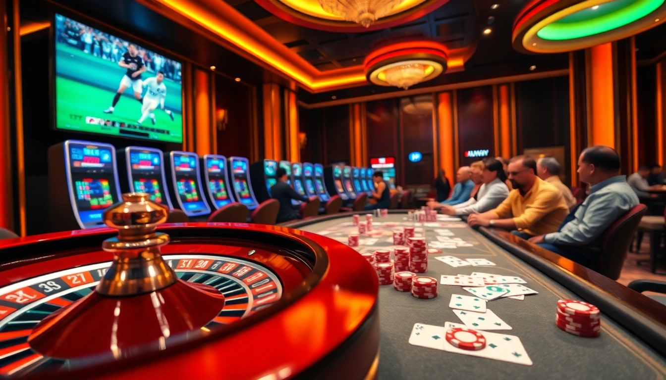Enjoying a thrilling game of bóng đá lương sơn at a vibrant casino with poker tables and roulette.
