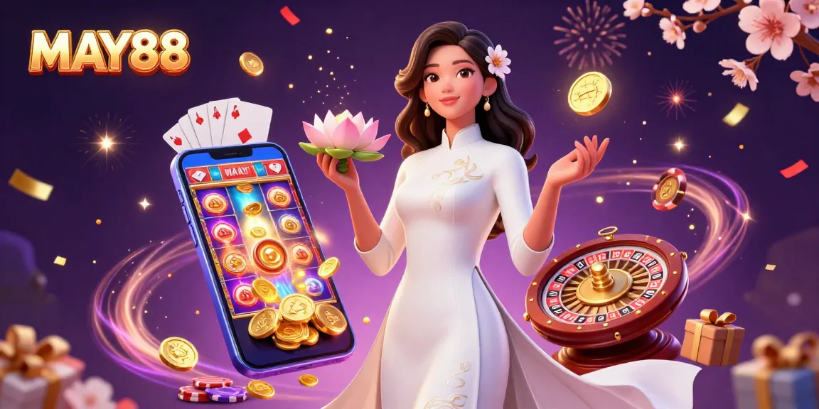 MAY88 captivating casino illustration with a graceful Asian woman in ao dai amidst vibrant gaming elements.