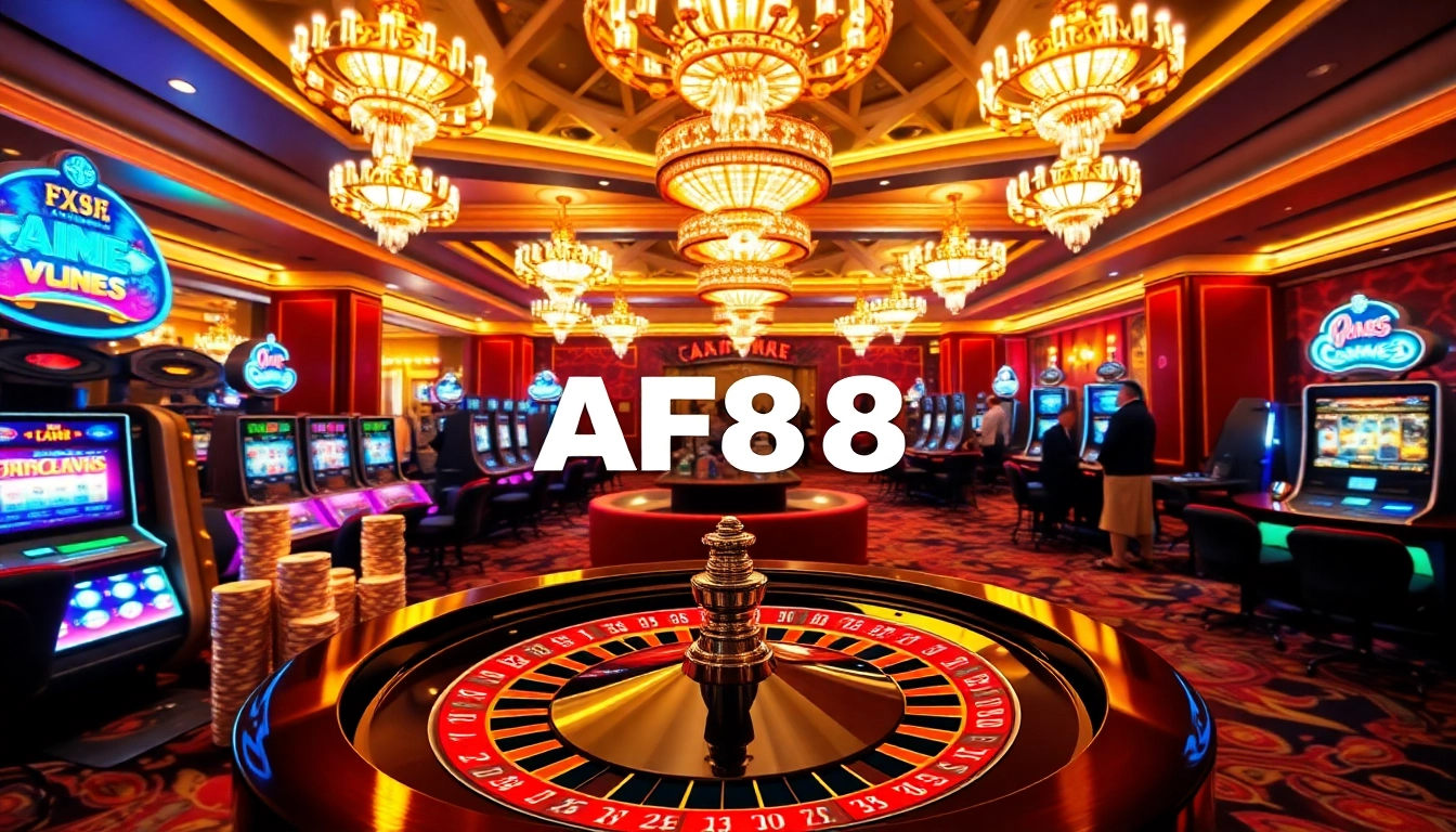Exciting AF88 game atmosphere featuring vibrant casino elements like roulette, poker, and slot machines.