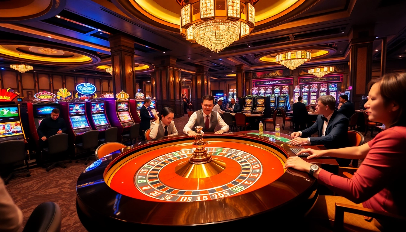RR88 casino scene with players at a roulette table and vibrant slot machines in an elegant setting.