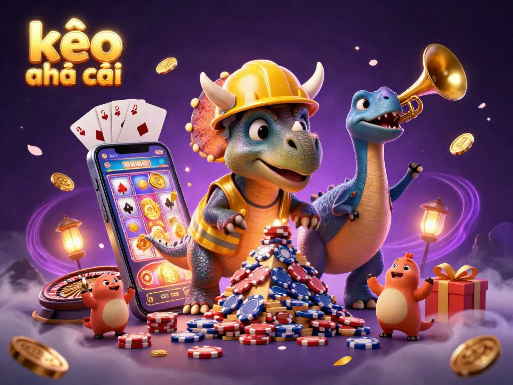 Engage with kèo nhà cái through a vibrant 3D casino scene featuring exciting game elements and jubilant characters.