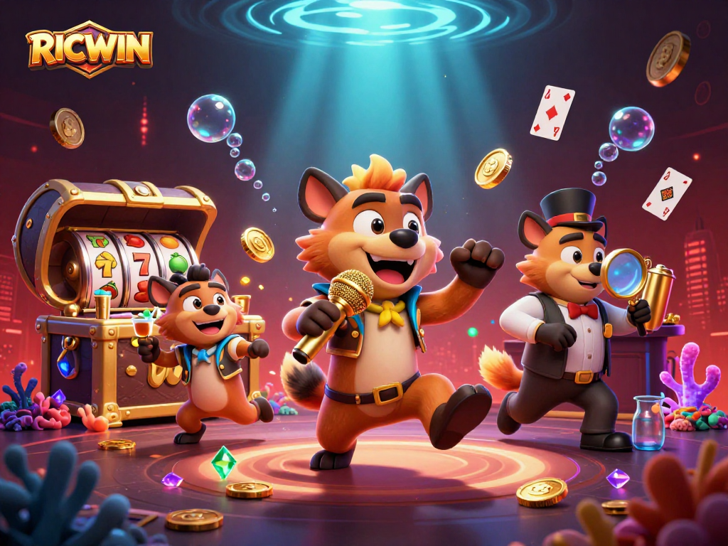 Engage in RICWIN's vibrant casino scene featuring animated hyenas and dynamic gaming elements.