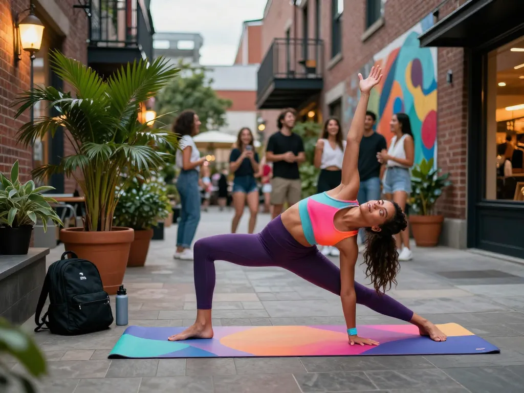 Sunwin activewear model showcasing yoga pose in urban courtyard