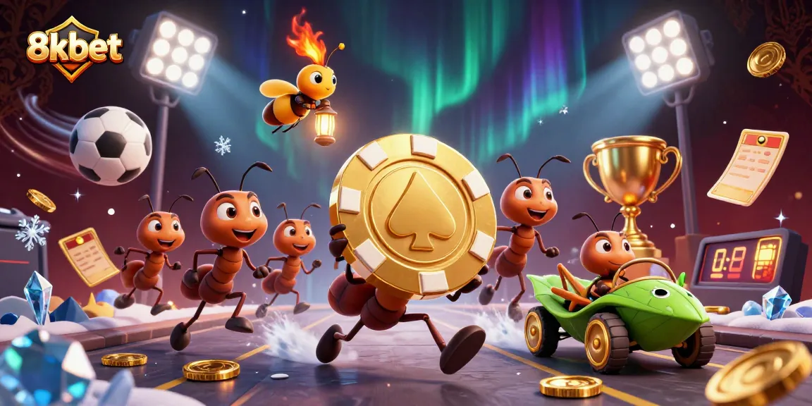 Experience thrilling adventures with 8xbet's playful ants in a vibrant 3D casino scene.