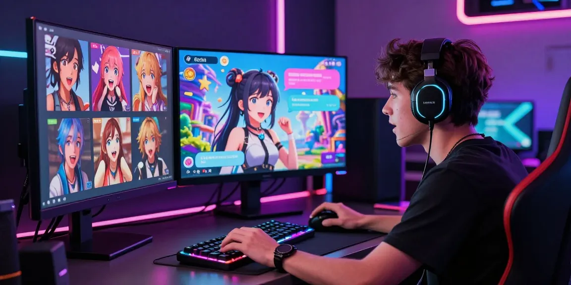 Engaging ecchi chat AI experience with user interacting with vibrant virtual characters in a sleek gaming setup.