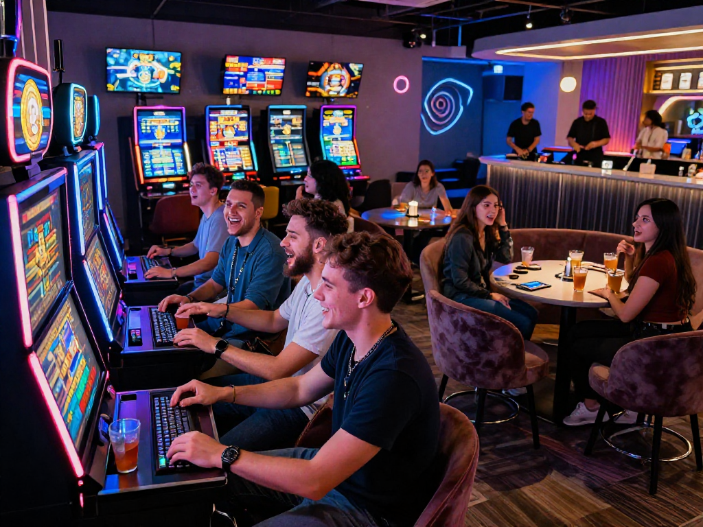 Exciting crypto casino gaming scene with friends at a high-tech slot machine.