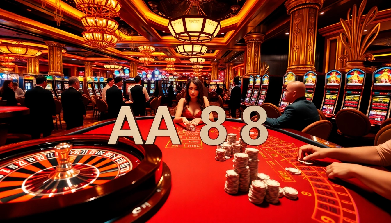 Experience the excitement of AA88 with vibrant casino gaming, roulette wheels, and poker action.
