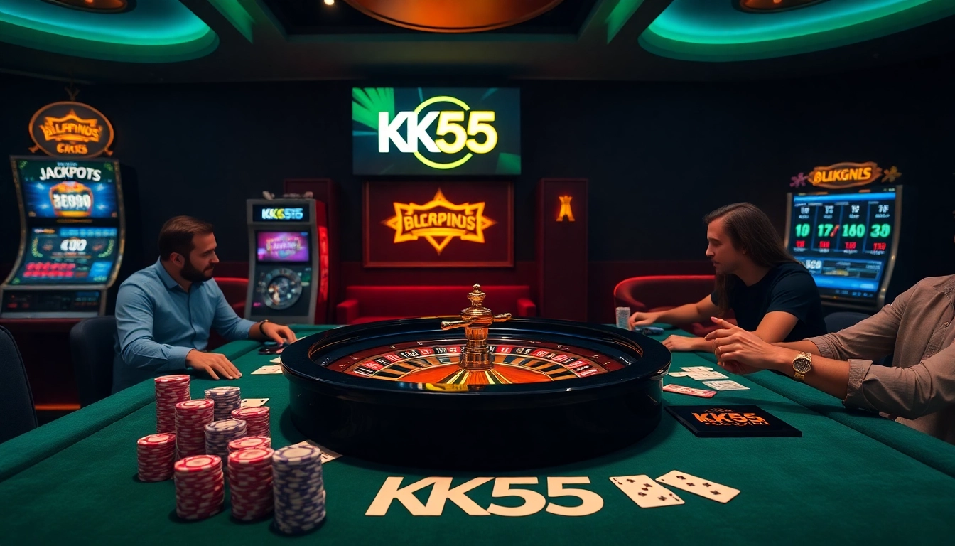 Experience thrilling gaming at KK55 casino with vibrant poker chips and roulette in an upscale setting.