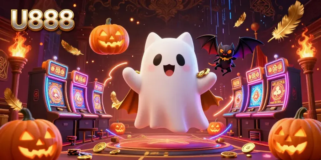 The U888 casino scene features a friendly ghost cat and a vampire bat in a vibrant gaming atmosphere.