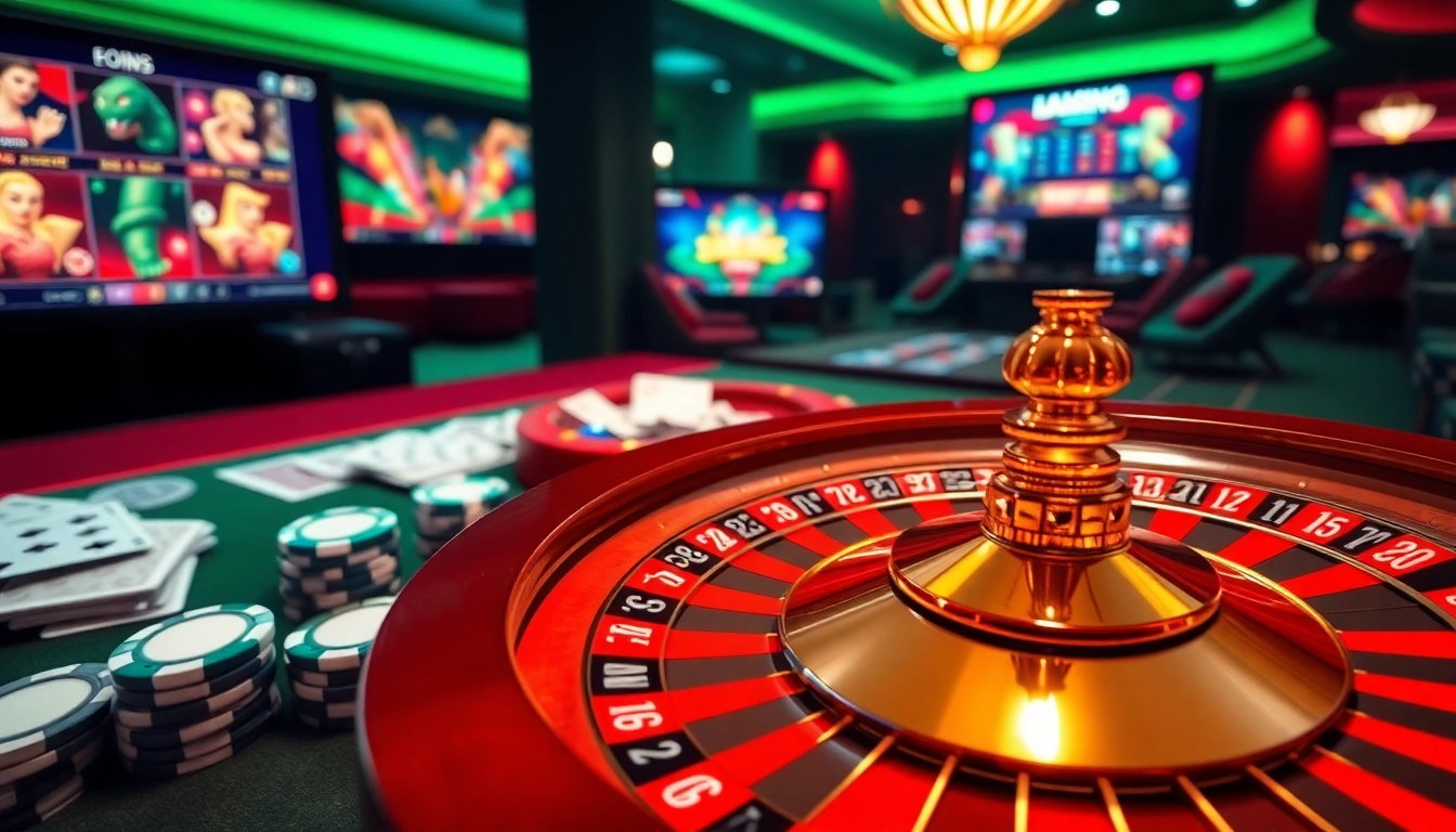Experience the excitement at E28 my with vibrant poker chips and roulette wheel in a digital casino.