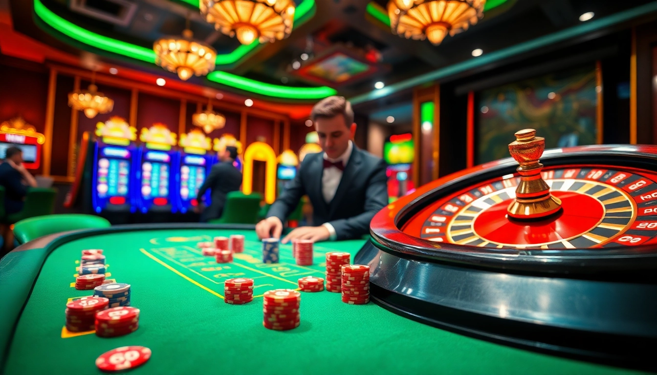 Engaging players at a vibrant hit club casino table with poker chips and glowing slot machines.