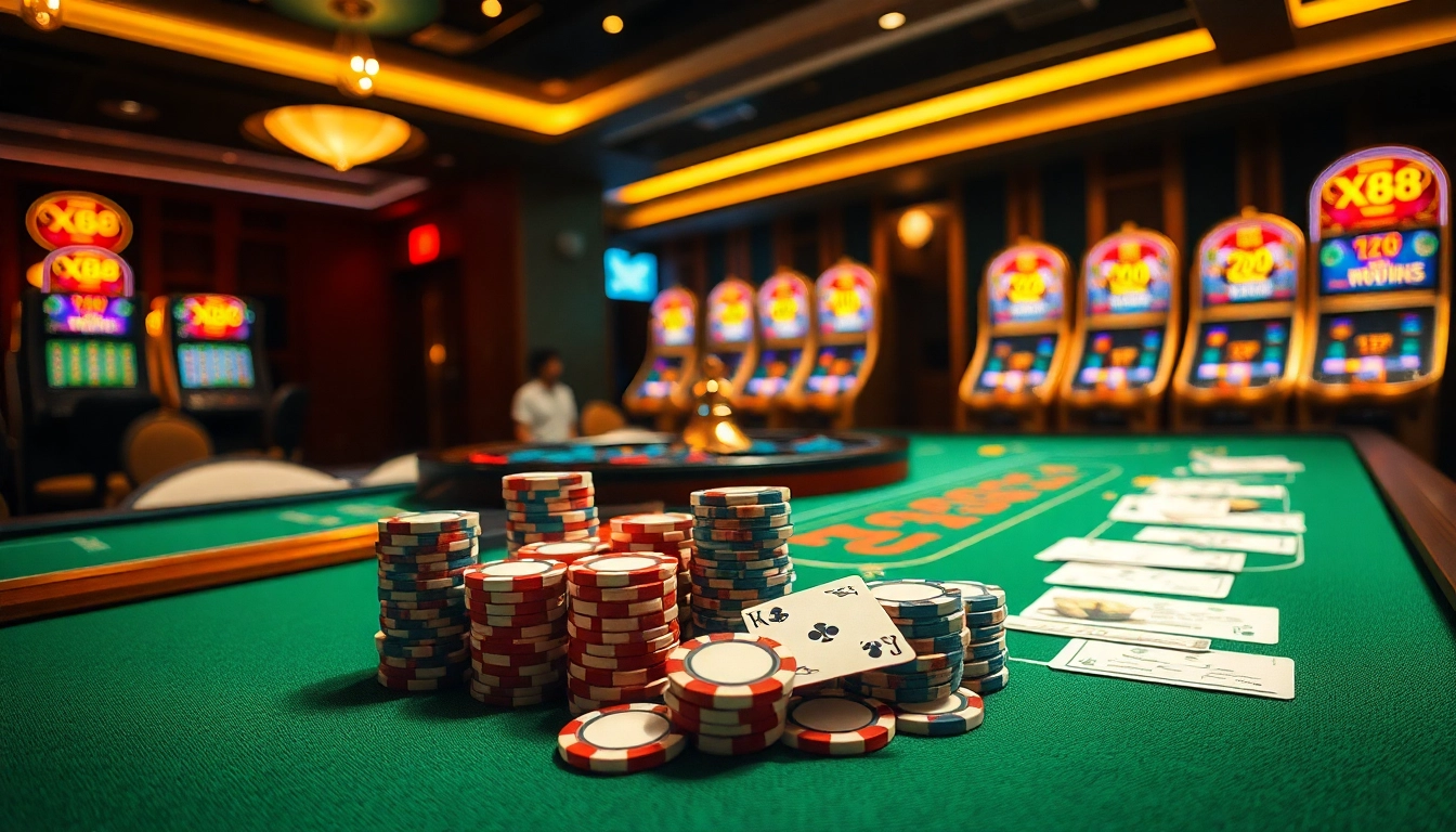 X88 poker chips stacked high at a vibrant casino table with cards and a roulette wheel.