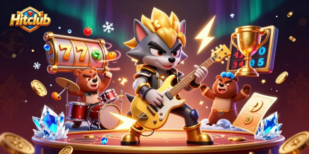 Hitclub showcases an electrifying casino scene with a rock star wolf and captivating gaming elements.