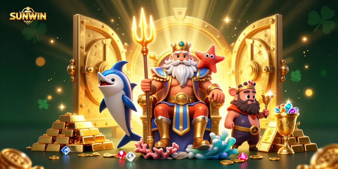 Experience SUNWIN online casino excitement with Neptune and treasures in a vibrant digital illustration.