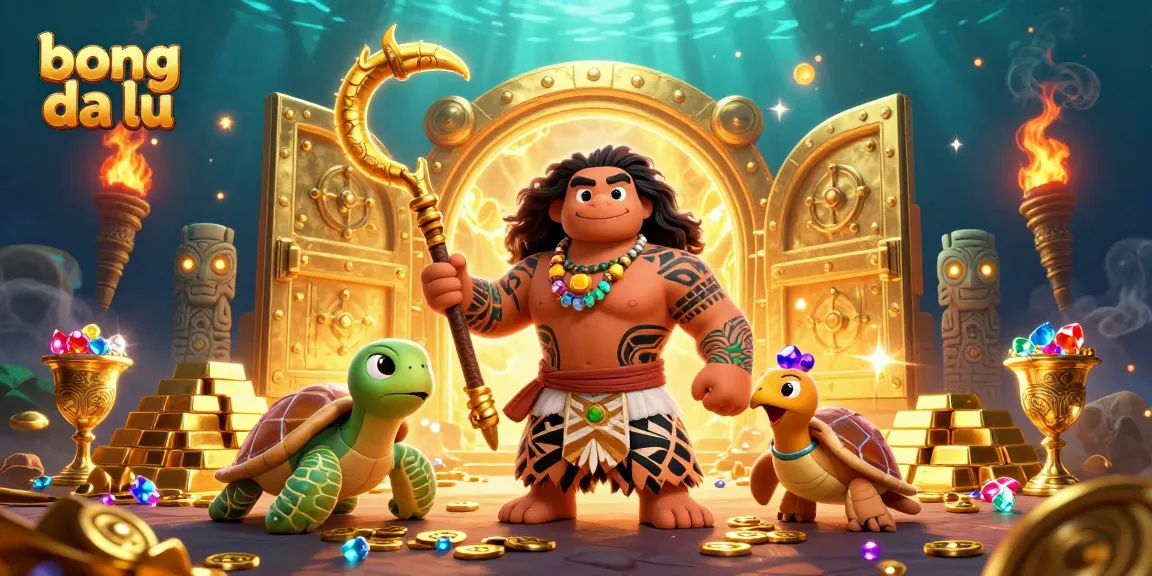Engage with bong da lu’s vibrant 3D casino scene showcasing a demigod and treasures over flowing with gold.