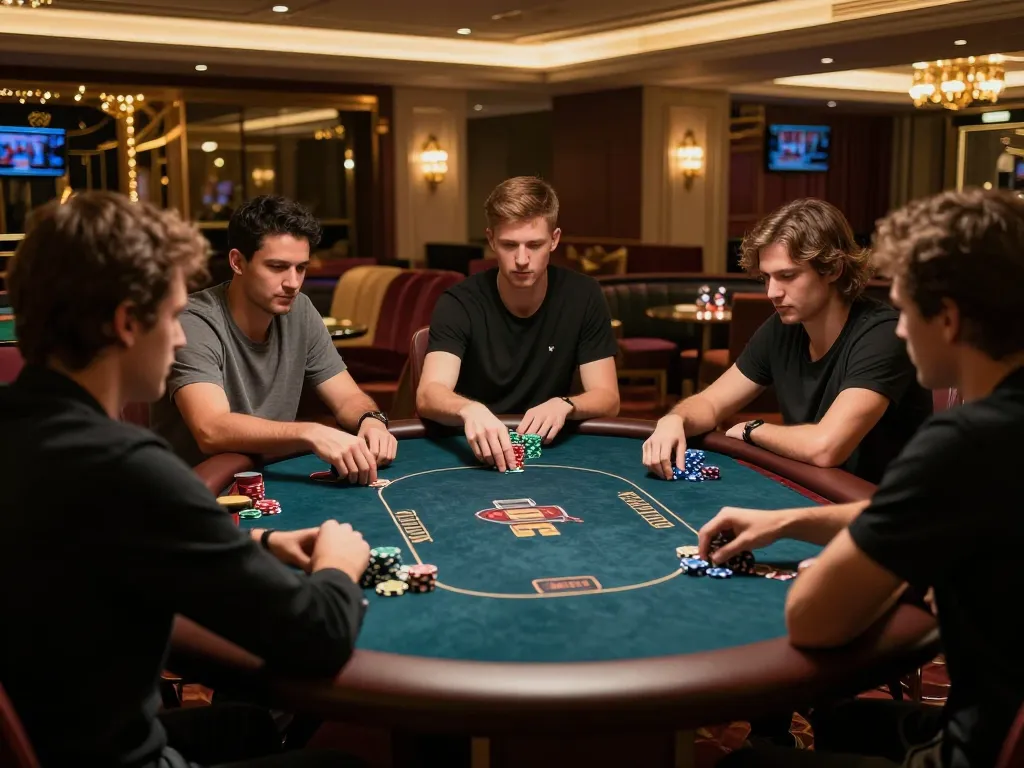 MU88 poker players engaged in high-stakes gameplay with chips stacked, luxurious gaming lounge