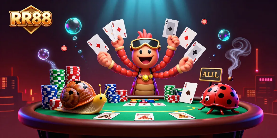 Engage in thrilling poker action at RR88 with a lively dealer, colorful chips, and excitement all around.