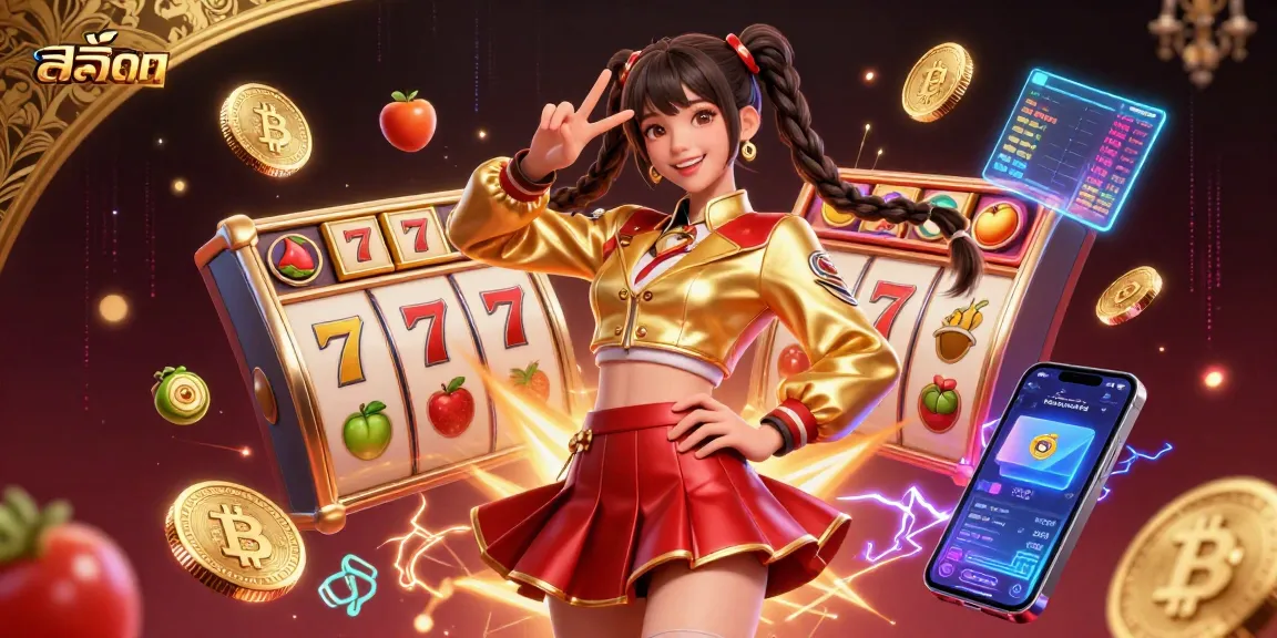 Experience the excitement of สล็อต with a vibrant 3D scene featuring slot reels and jackpot counters.