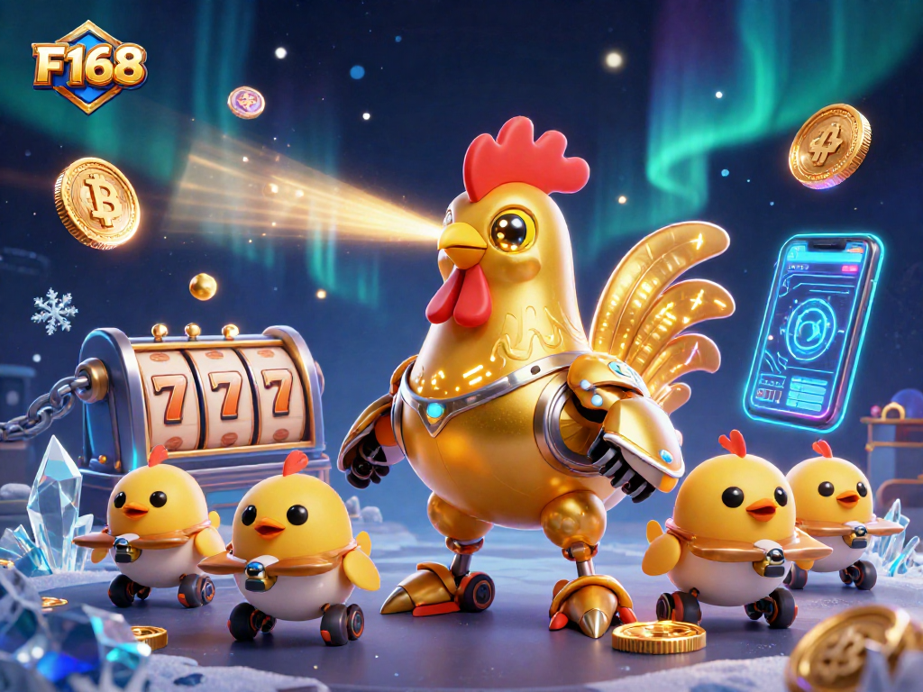 Experience dynamic gaming at F168 with neon coins and retro elements in a vibrant casino scene.