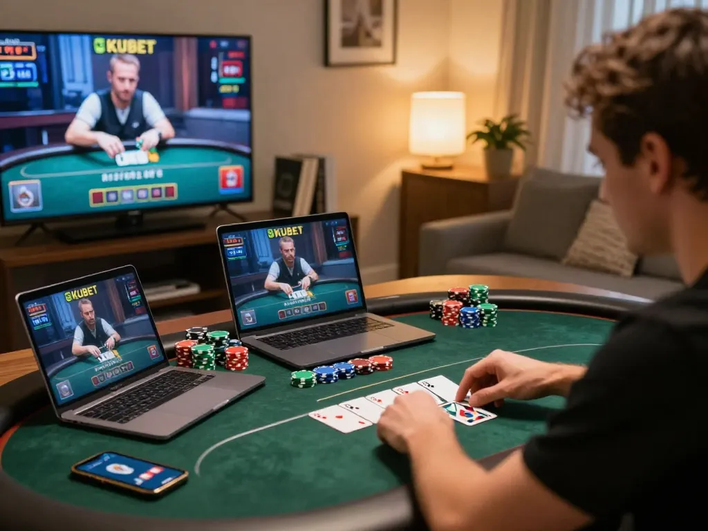 KUBET online poker game in action, showcasing intense player focus and vibrant chips.