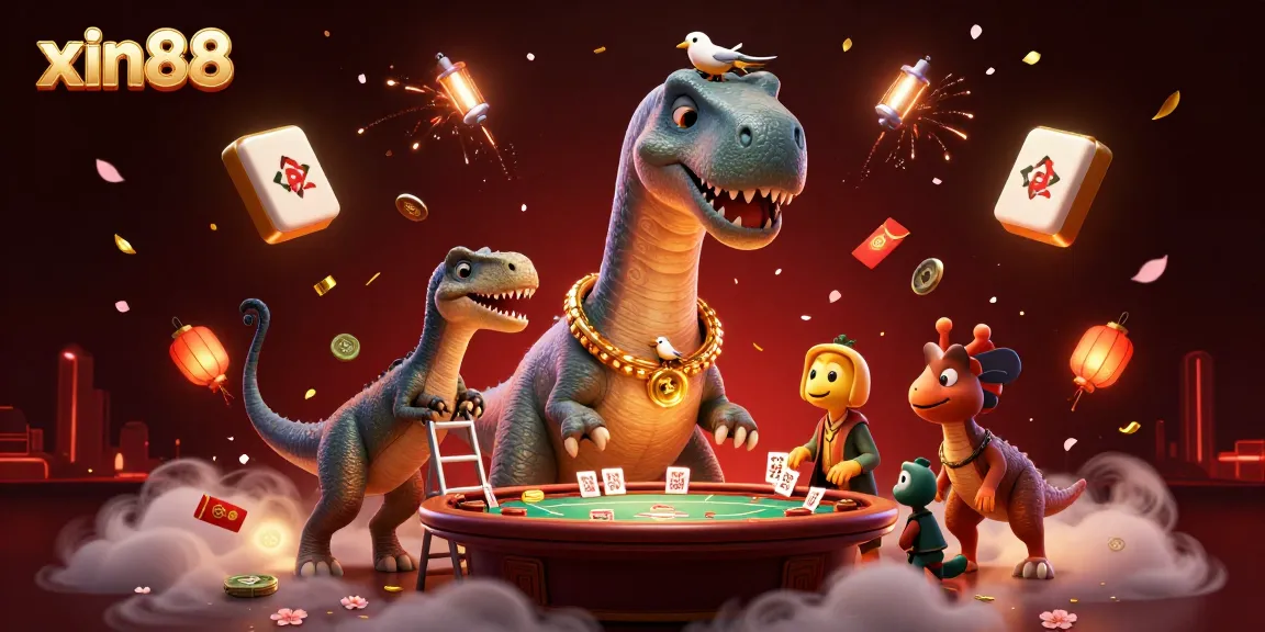 Engage with xin88's dynamic casino realm, featuring a brontosaurus and a raptor dealing cards.