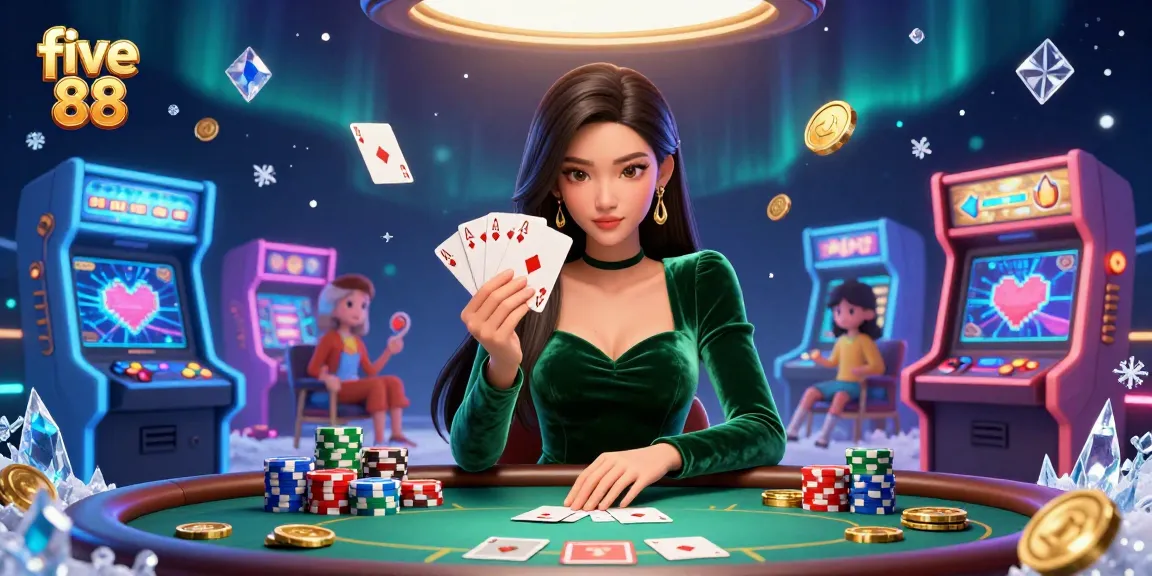 Experience the excitement of five 88 with a beautiful poker player showcasing her winning hand at a vibrant casino table.