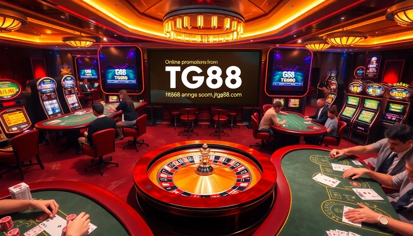 An exciting casino atmosphere with roulette, poker tables, and TG88 promotions showcased.