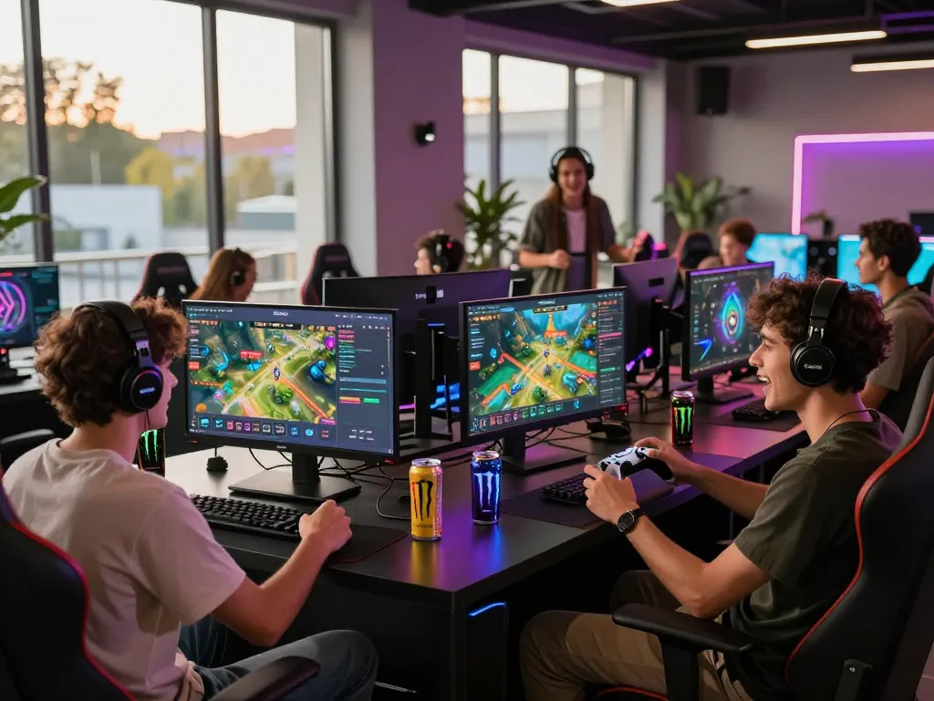 Friends enjoying a gaming session at a modern lounge, featuring Sunwin’s vibrant platform.