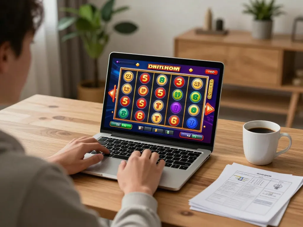 Berpartisipasi dalam permainan slot toto di laptop dalam suasana kantor rumah yang nyaman.