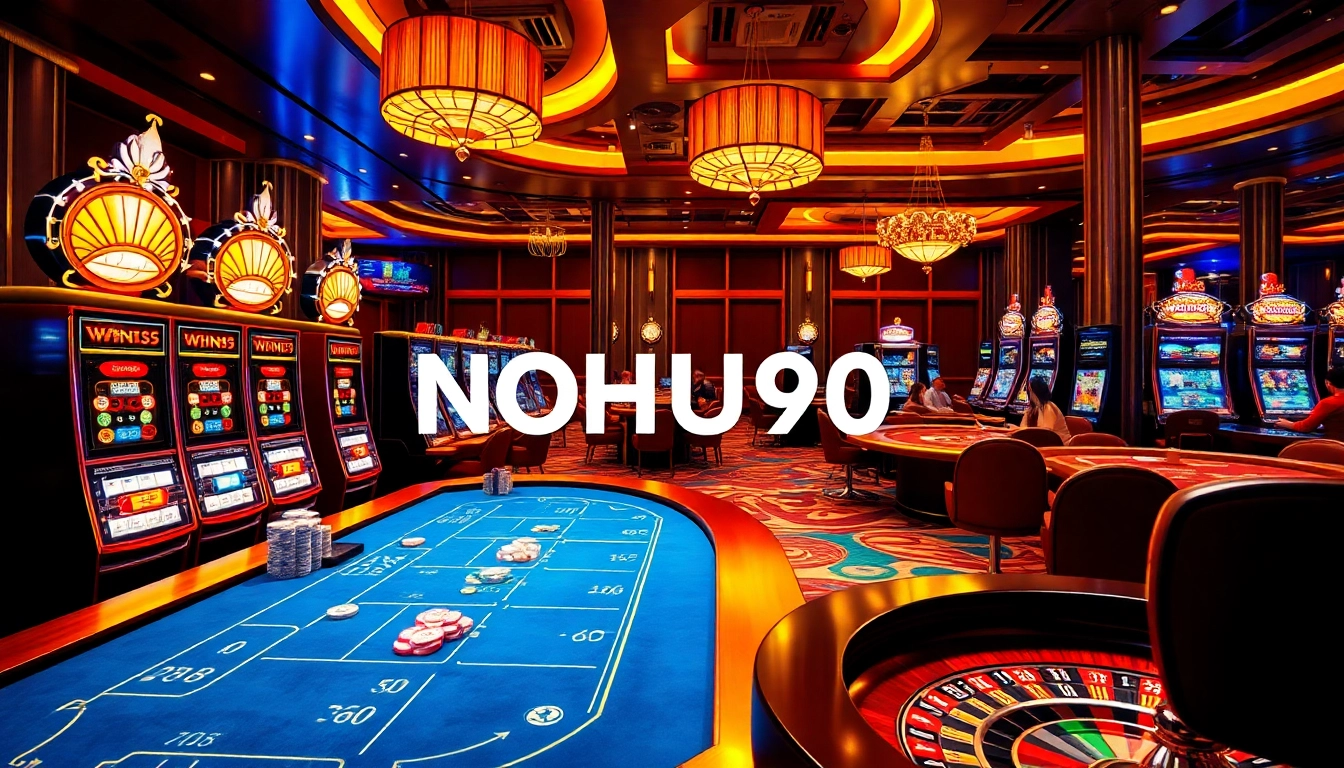Nohu90 casino scene with vibrant slot machines and professional poker players.