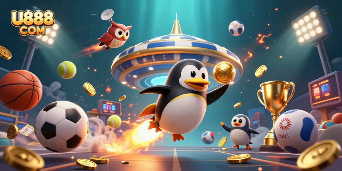 Experience the thrill of gaming at U888 COM with a dynamic 3D illustration showcasing excitement and winning strategies.