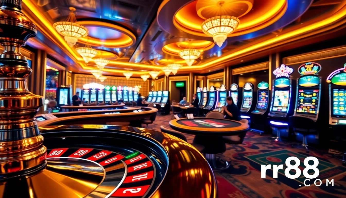 Exciting casino experience at rr88.com with vibrant gaming tables and roulette wheel.