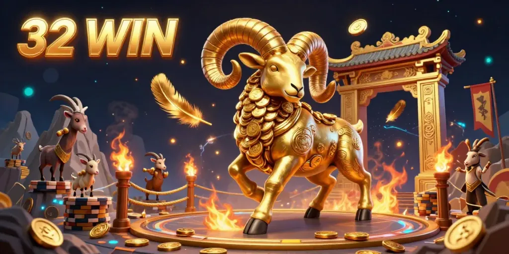 Experience the excitement of 32 WIN casino with golden ram charging at a vibrant gaming arena.