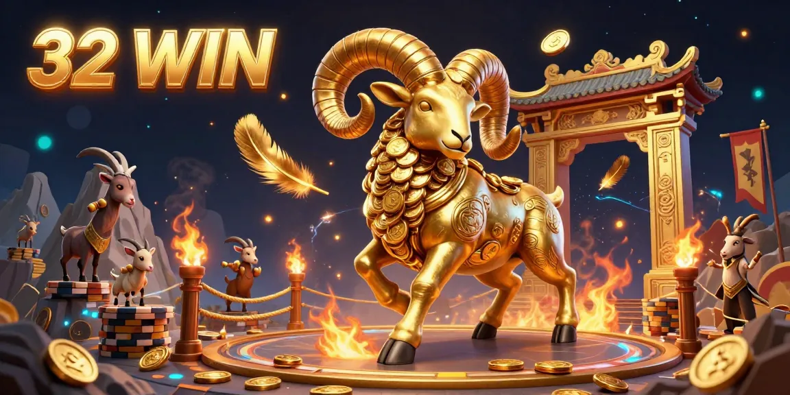 Experience the excitement of 32 WIN casino with golden ram charging at a vibrant gaming arena.