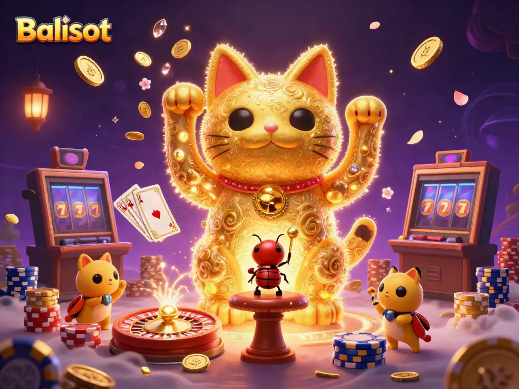 Balislot-themed illustration showcasing a lucky cat, vibrant casino symbols, and dynamic gaming elements in rich colors.
