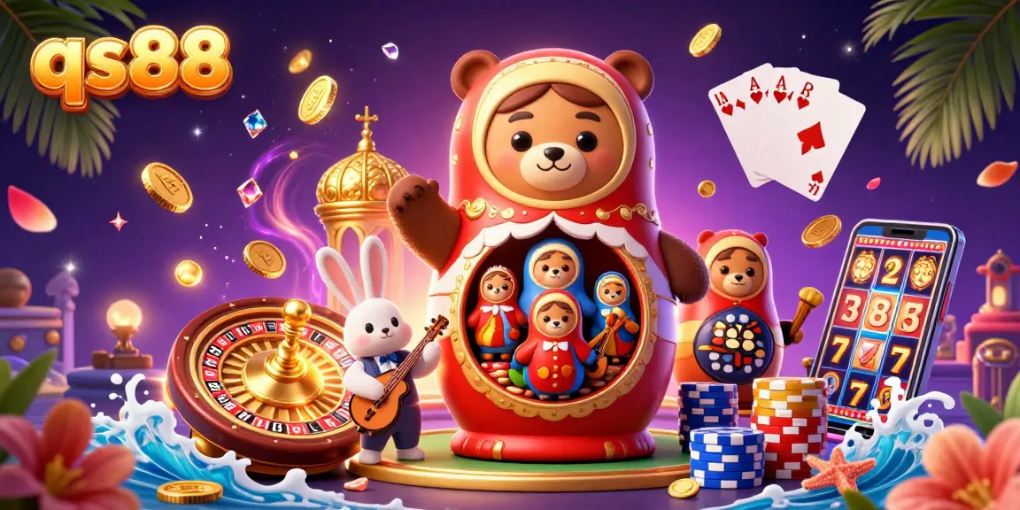 Experience the excitement of qs88 with vibrant 3D illustrations featuring casino games elements, dazzling prizes, and playful characters.