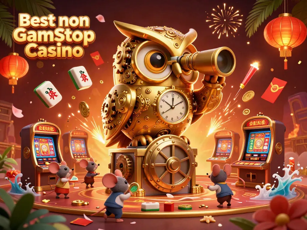 Engage in the best non Gamstop Casino experience with a vibrant illustration of a golden owl and animated mice.
