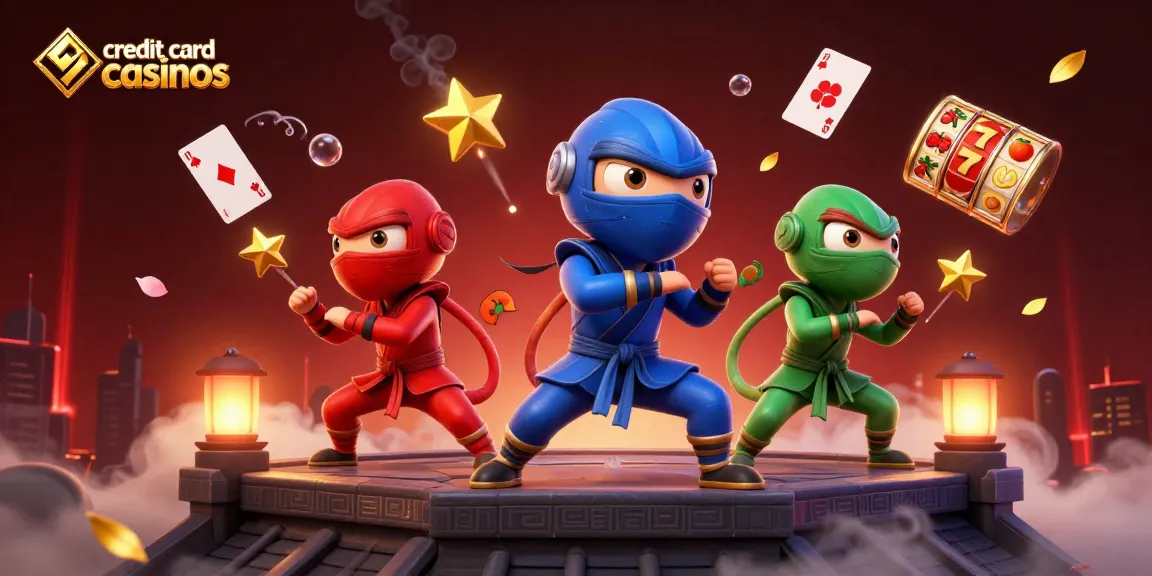 Engage with credit card casinos featuring chameleons showcasing martial arts on a vibrant casino rooftop.
