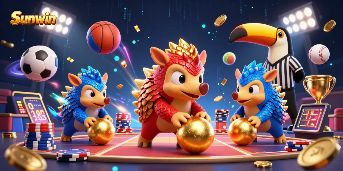 Engage with Sunwin’s vibrant casino game world featuring pangolins in action with golden chips and dynamic sports elements.