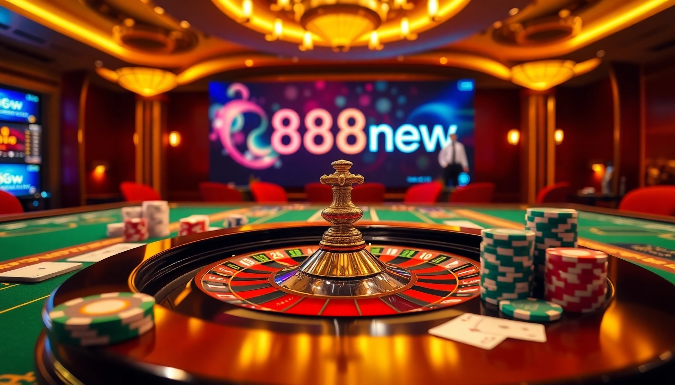 Engage in thrilling casino gameplay at Link vào 888new with a roulette wheel and vibrant chips.