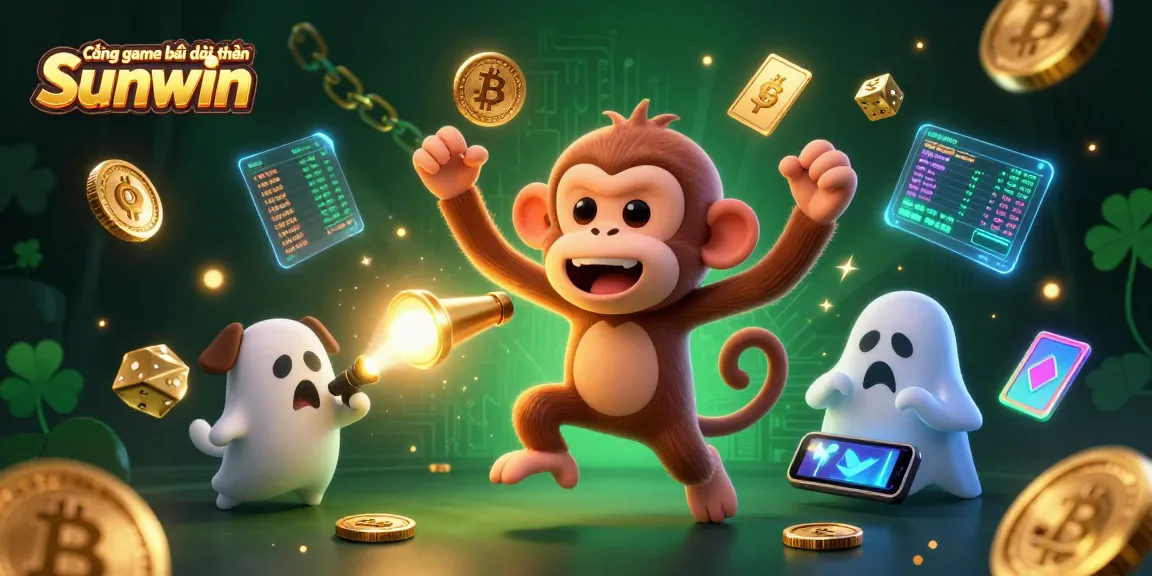 Cổng game bài đổi thưởng Sunwin showcases a playful monkey juggling gold casino items while a curious puppy tracks it, amidst casino-themed crypto coins.