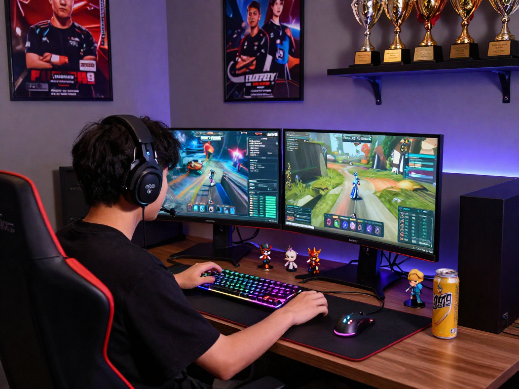KOMBET168 player focusing on dual monitors in a vibrant gaming setup, showcasing trophies and collectibles.