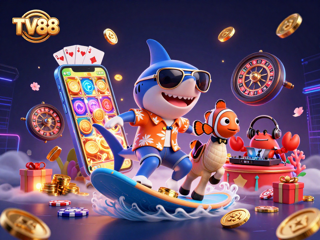 Surf the waves of gold coins at TV88 with a lively 3D casino scene featuring vibrant characters.